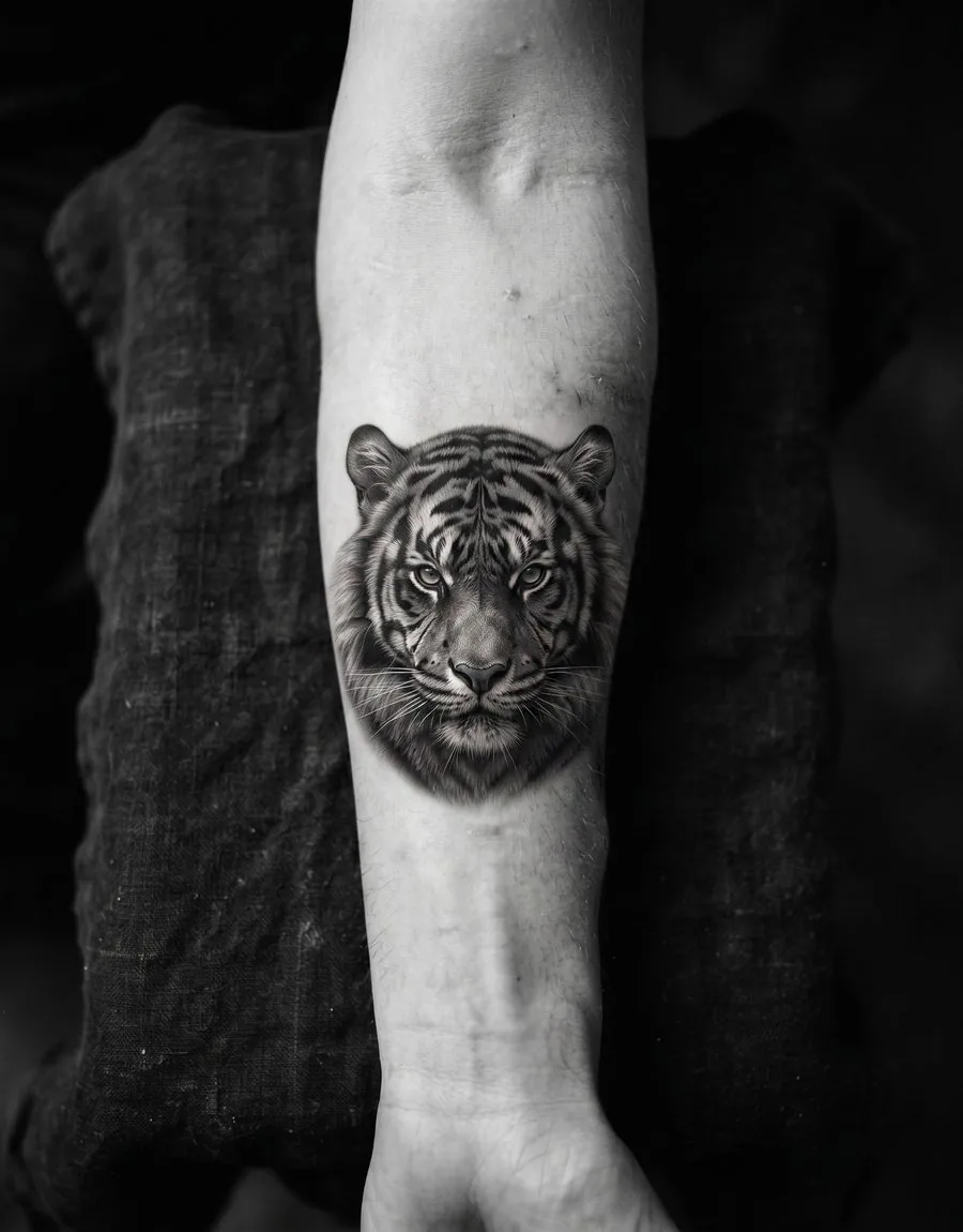 Derselbe Unterarm mit einem gedeckten Tigerkopf nach dem Cover-up