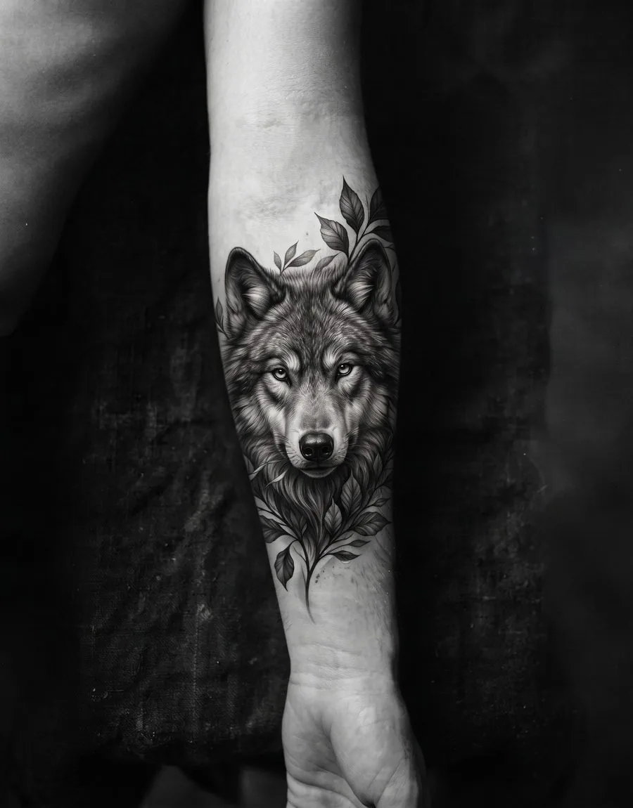 Derselbe Unterarm mit einem großflächigen Wolfskopf nach dem Cover-up