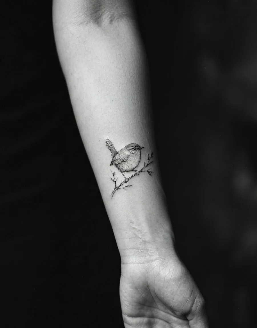 Kleines feines Tattoo eines Vogels auf einem Zweig
