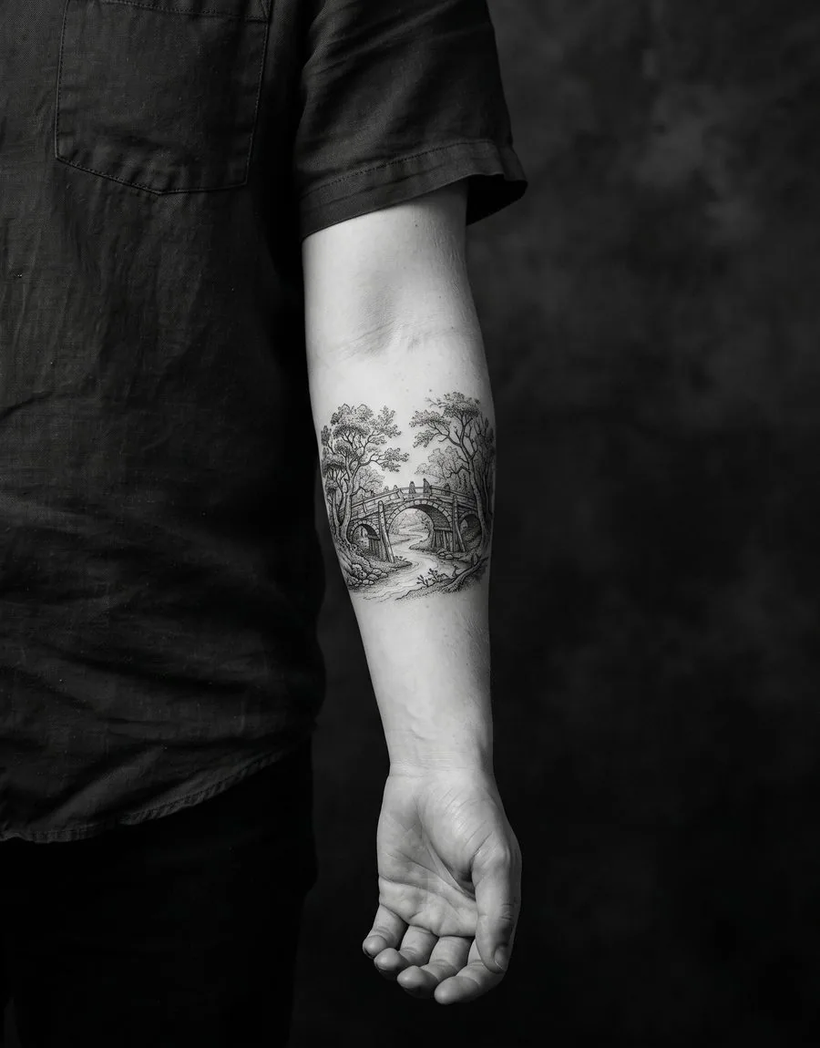 Kleines Tattoo einer alten Steinbrücke mit Bäumen