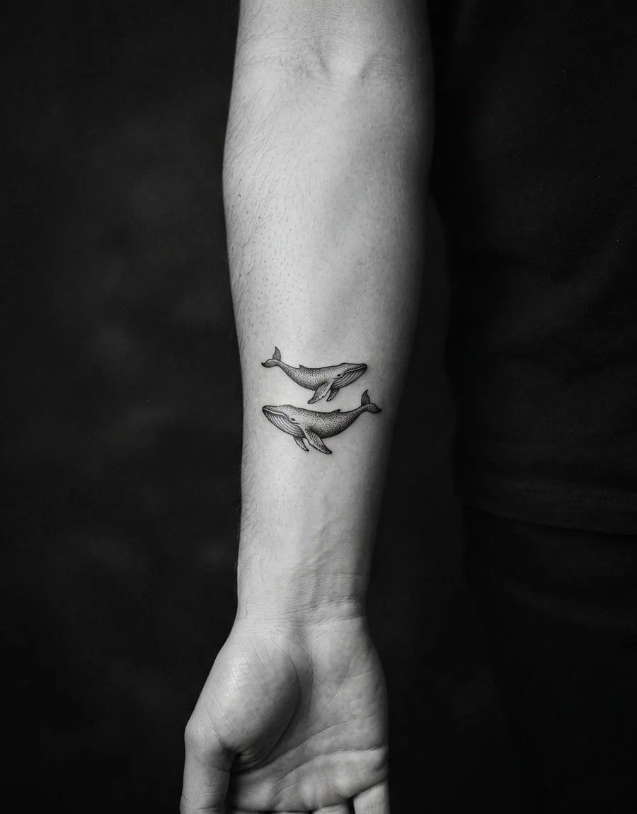 Kleines Tattoo zweier Wale in feiner Punktschattierung