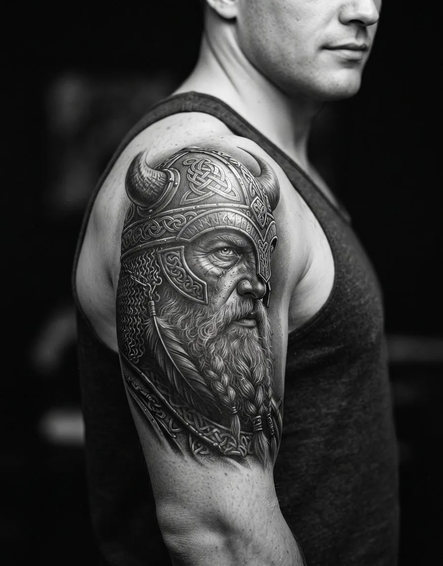 Porträt eines bärtigen Kriegers mit Helm auf einem Oberarm