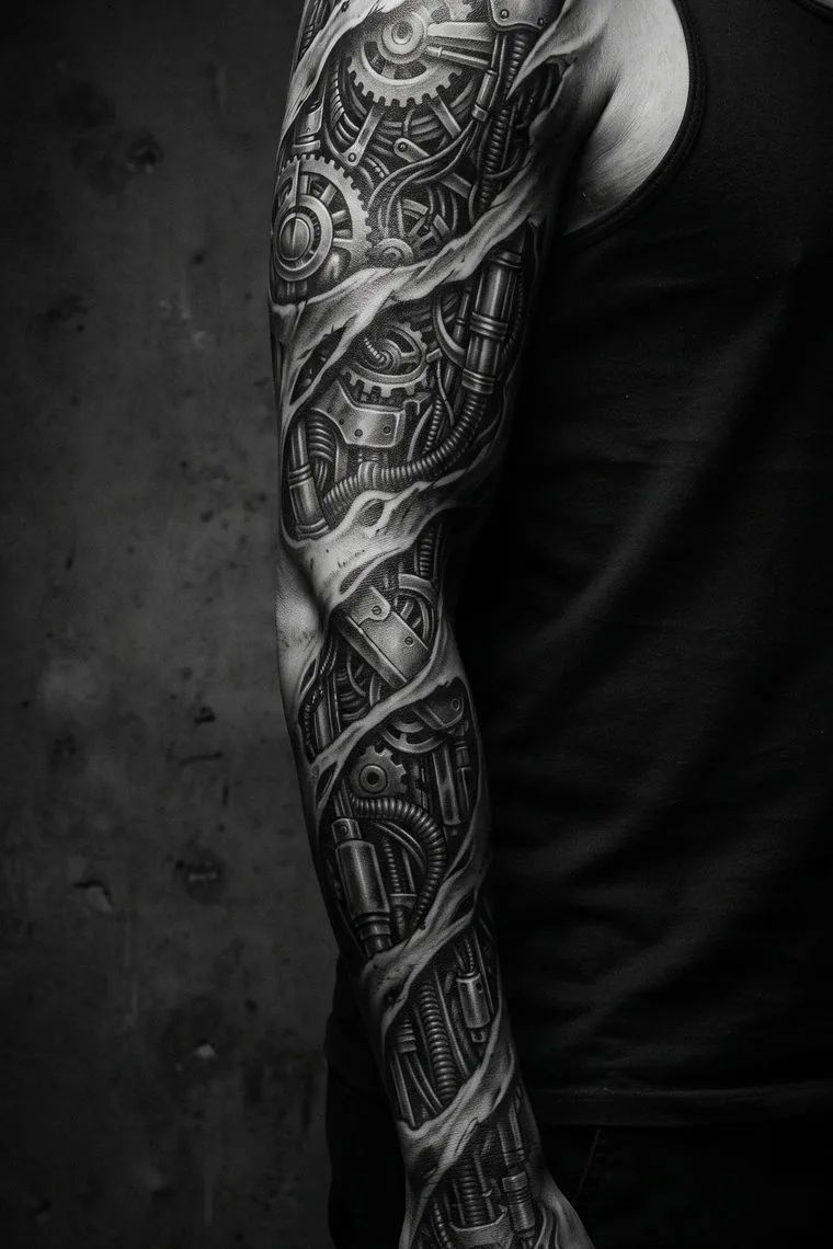 Kompletter Arm mit biomechanischem Sleeve-Tattoo