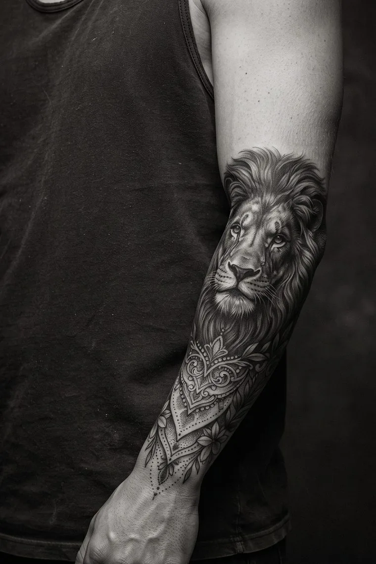 Unterarm-Sleeve mit Löwenkopf und feinen Ornamenten
