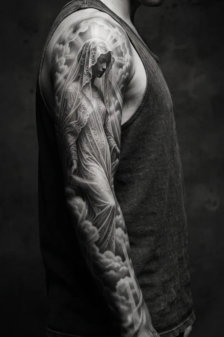 Sleeve mit einer verschleierten Gestalt zwischen Wolken