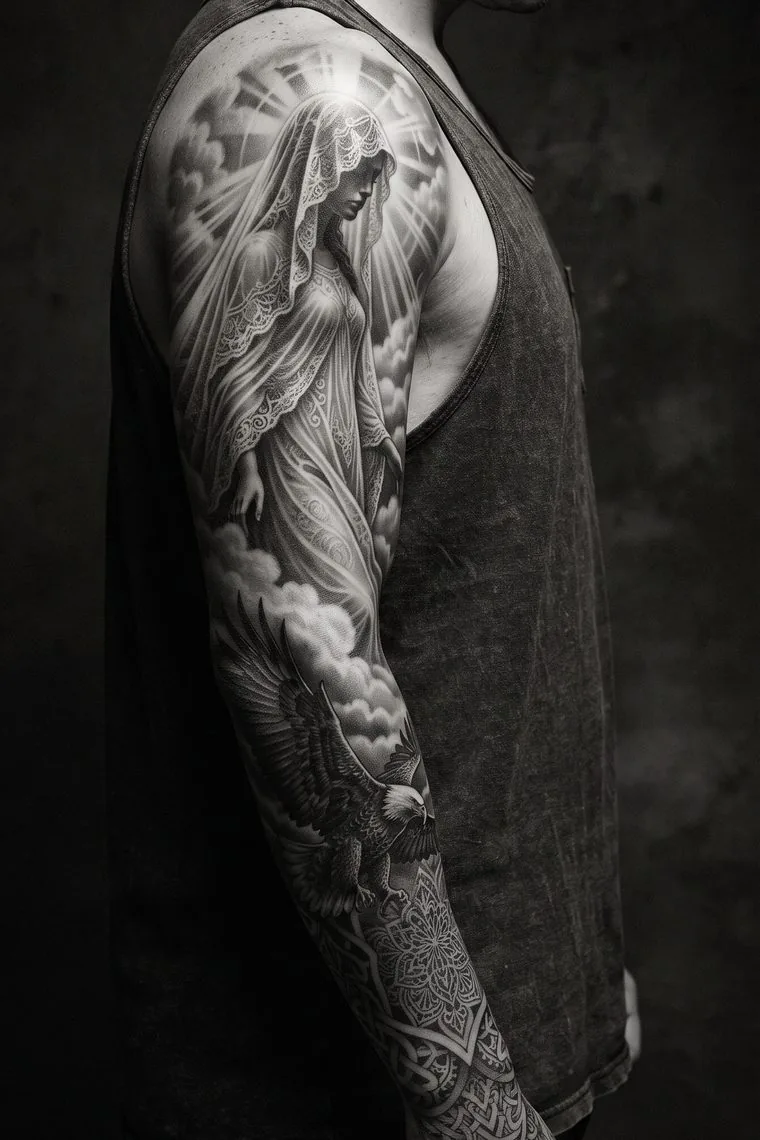 Sleeve mit Statue, Adler und geometrischen Ornamenten